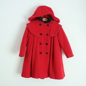 Vintage Jacadi Paris Kids Girl Red Wool Dress Hooded Coat / Size 4